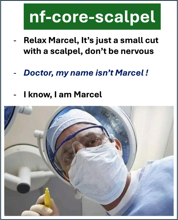 A photo of a surgeon bending over with a scalpel in the hand. Above the following dialogue is written: A: 'Relax Marcel, it's just a small cut with a scalpel, don't be nervous.' B: 'Doctor, my name isn't Marcel!' 'I know, I am Marcel.'