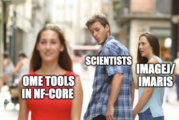 meme comparing traditional bioimage tools with OME tools for large scale processing