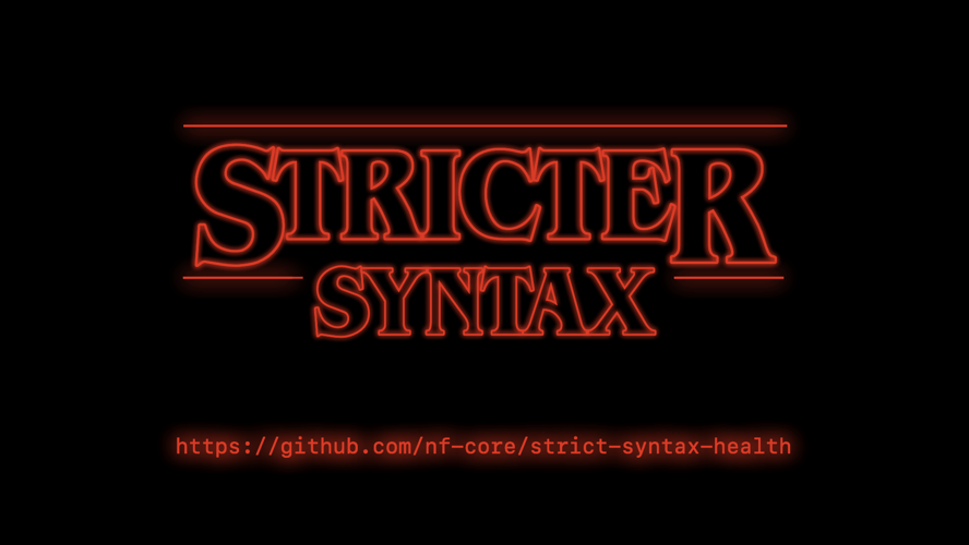 'Stricter Syntax' written in the style of the Stranger Things logo.